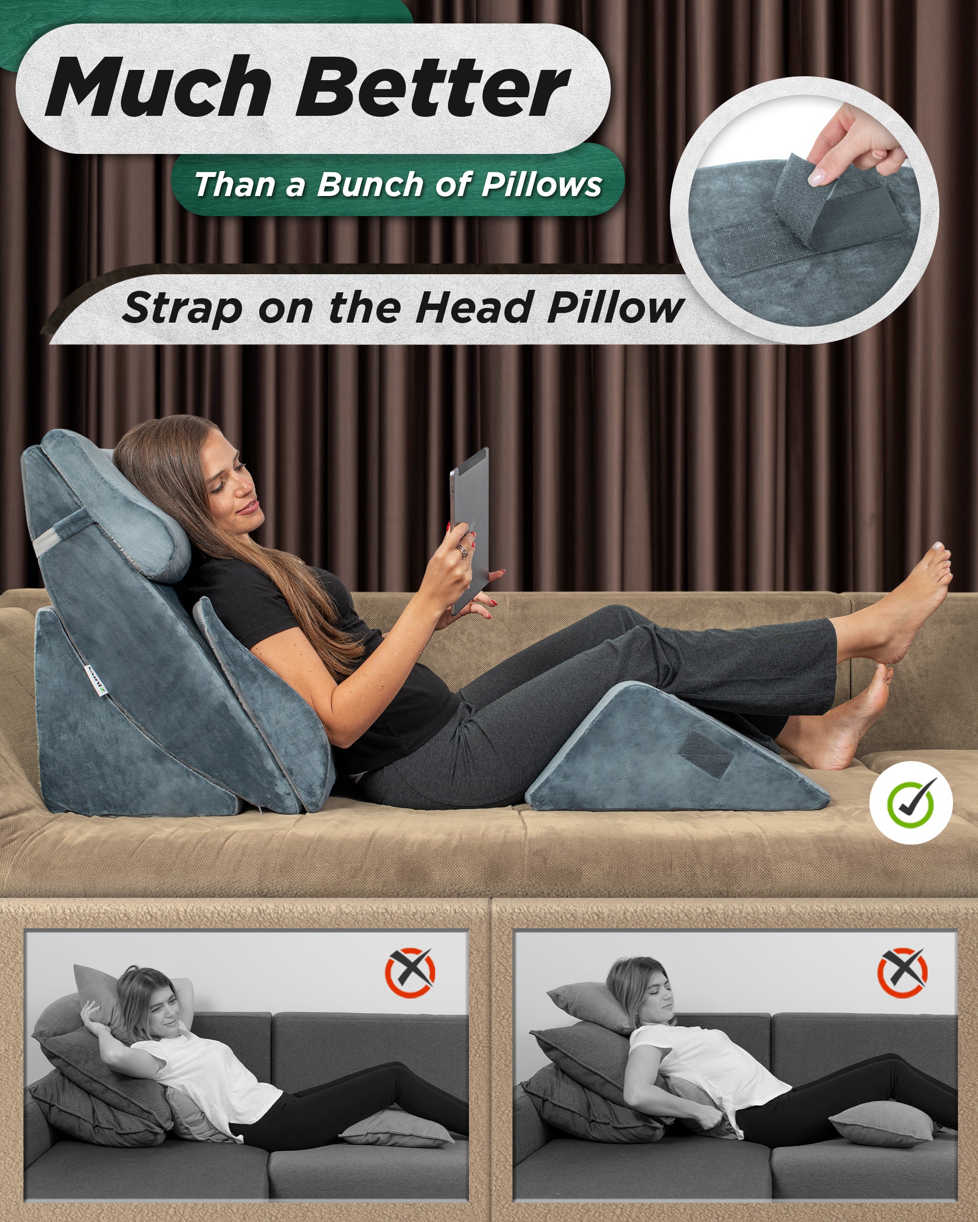 LX13 6pcs Aloe Vera Memory Foam, Orthopedic Bed Wedge Pillow System, with Hot Cold Pack Navy