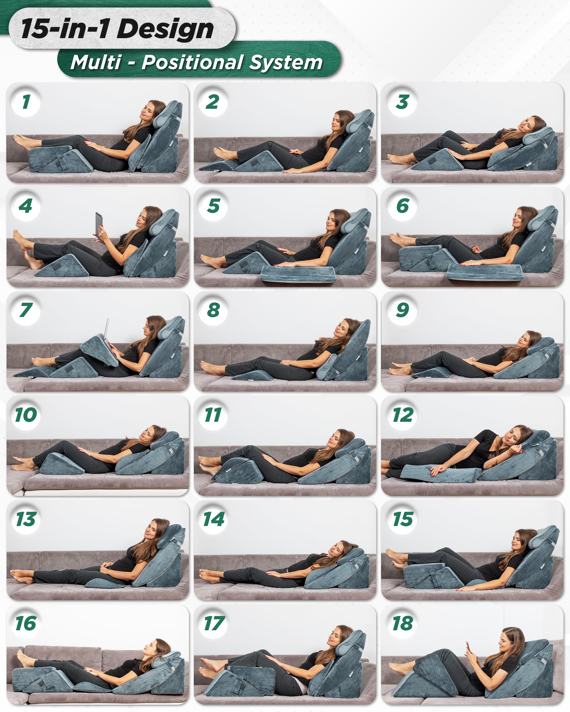 LX13 6pcs Aloe Vera Memory Foam, Orthopedic Bed Wedge Pillow System, with Hot Cold Pack Navy