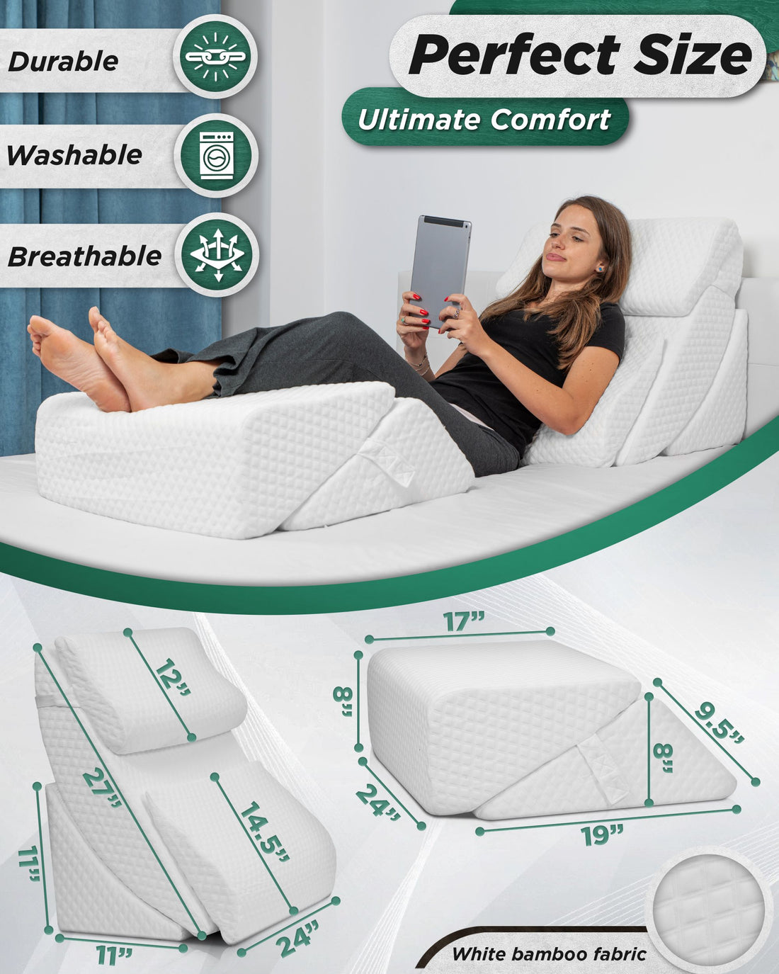 LX13 6pcs Orthopedic Bed Wedge Pillow System, with Hot Cold Pack White