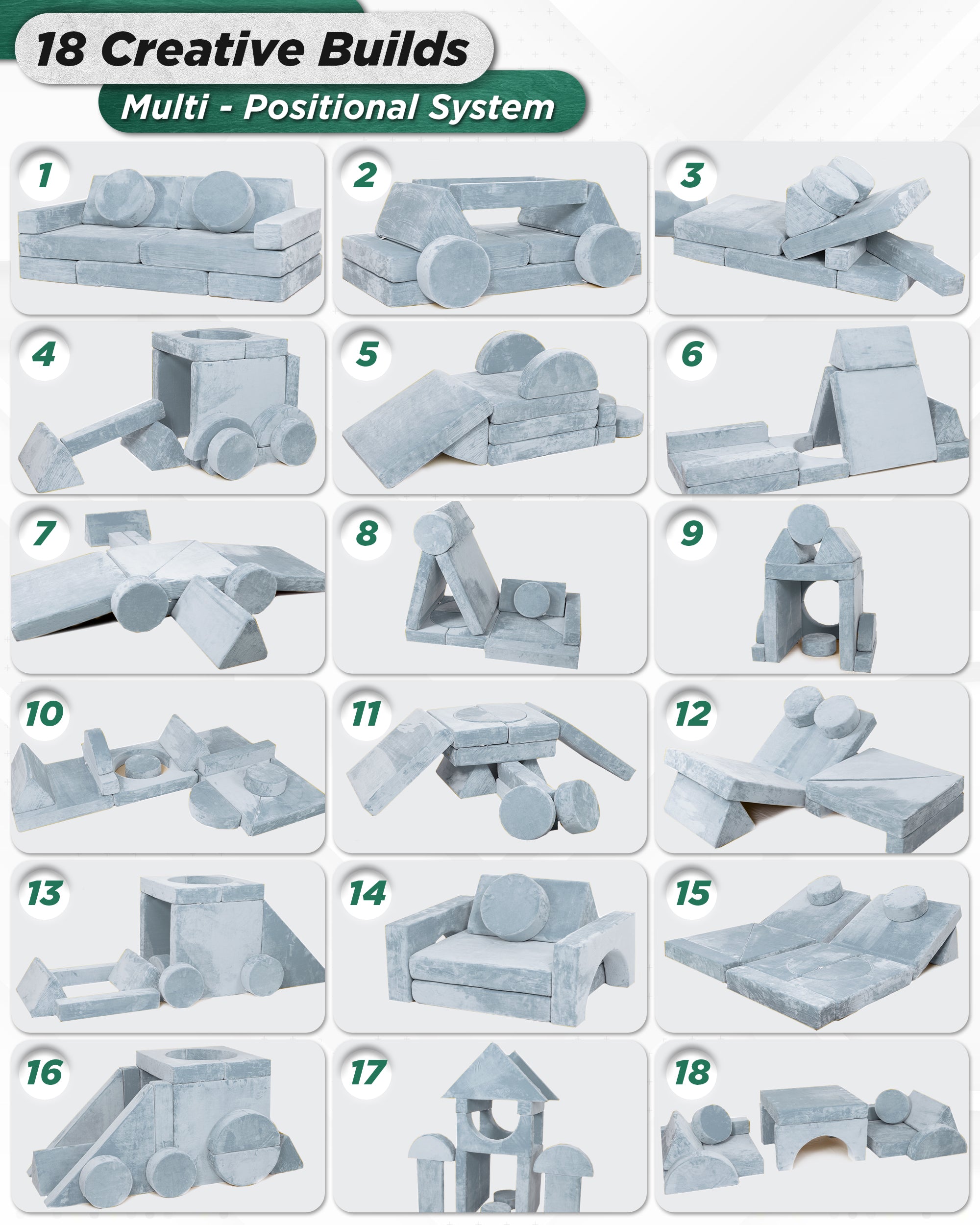 LX15 14pcs Modular Play Couch, Serenity Blue