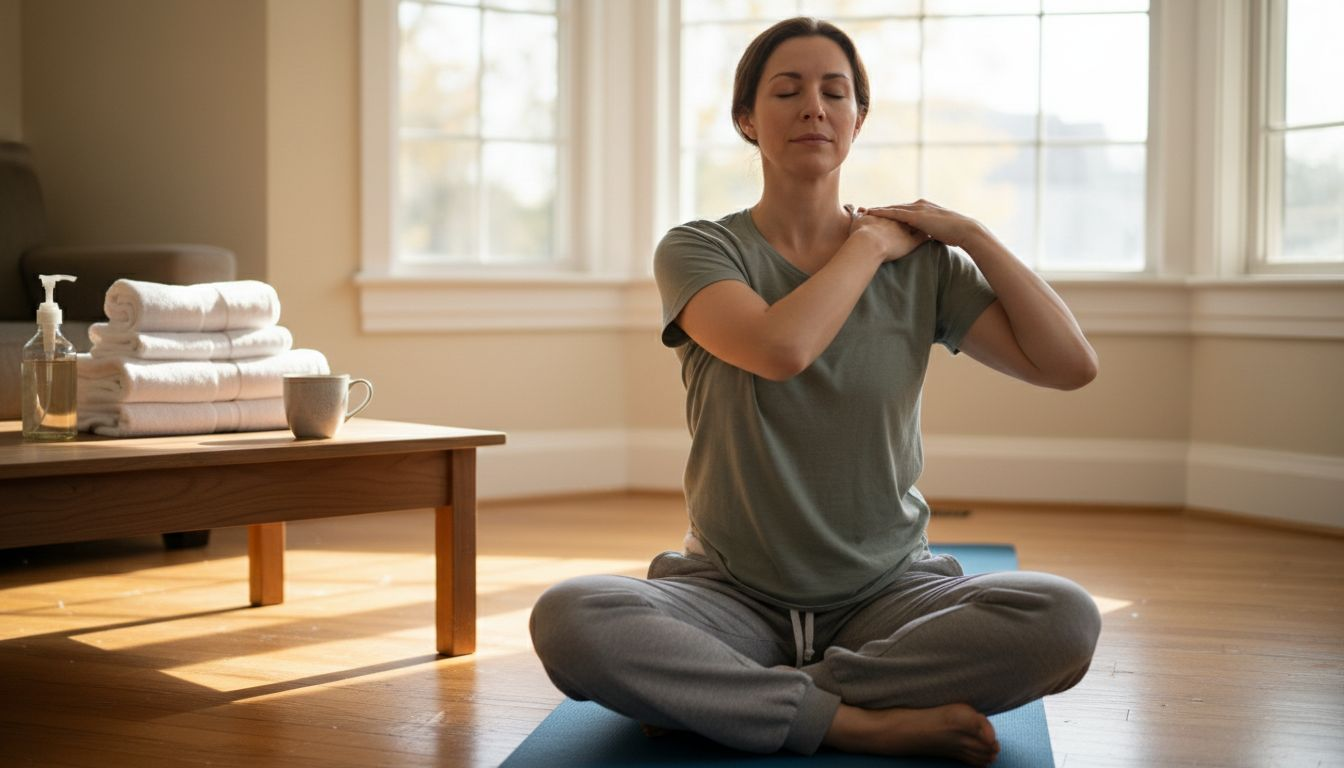 Woman massaging shoulders in sunlit living room