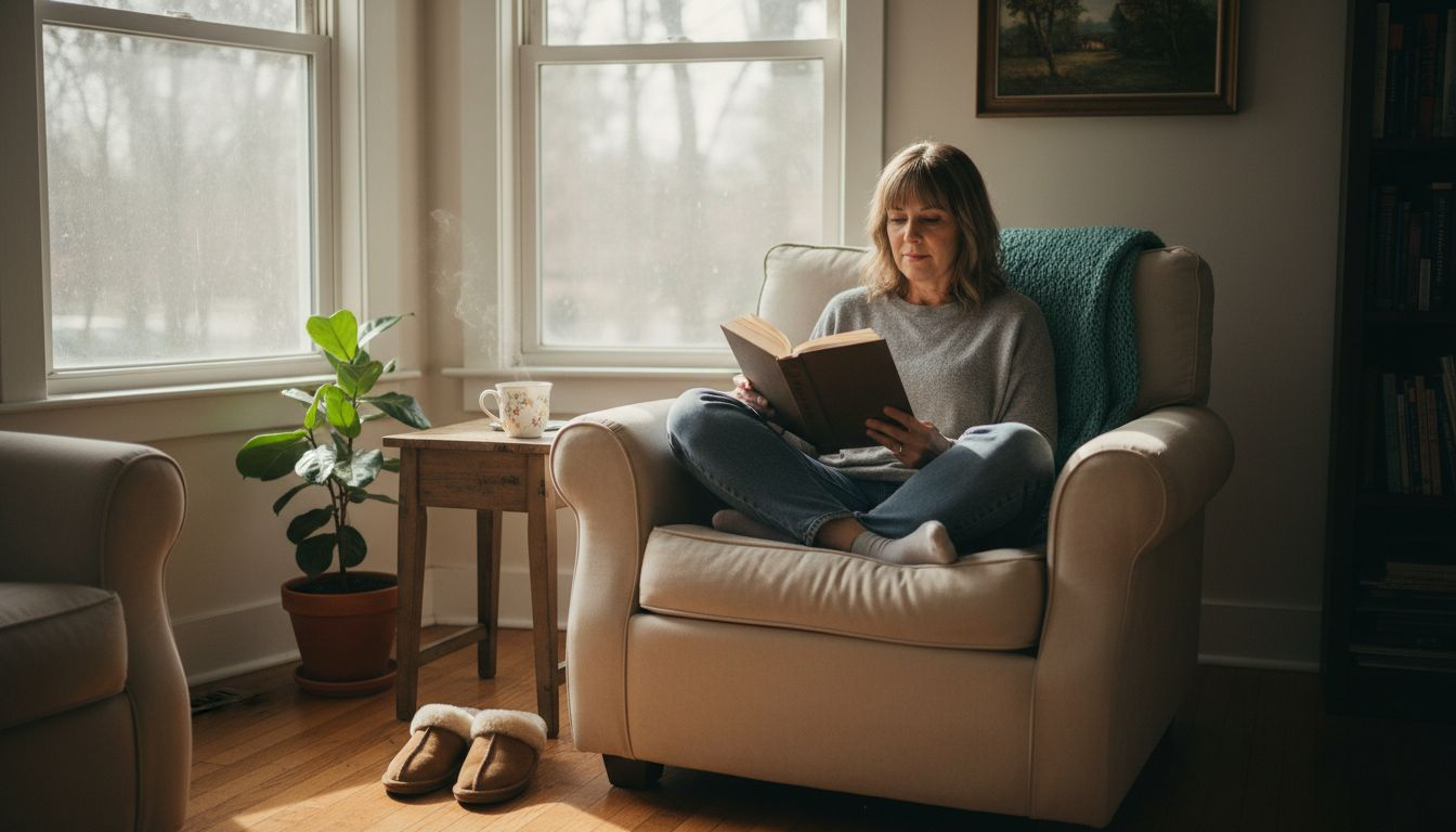 Woman reading in cozy home relaxation corner