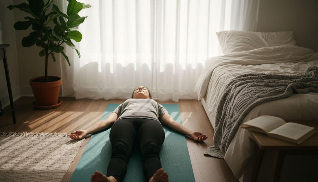 Woman relaxing on mat in cozy bedroom