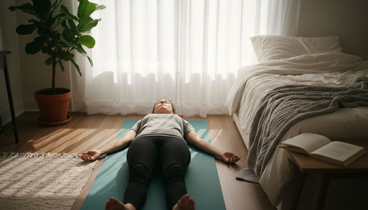 Woman relaxing on mat in cozy bedroom