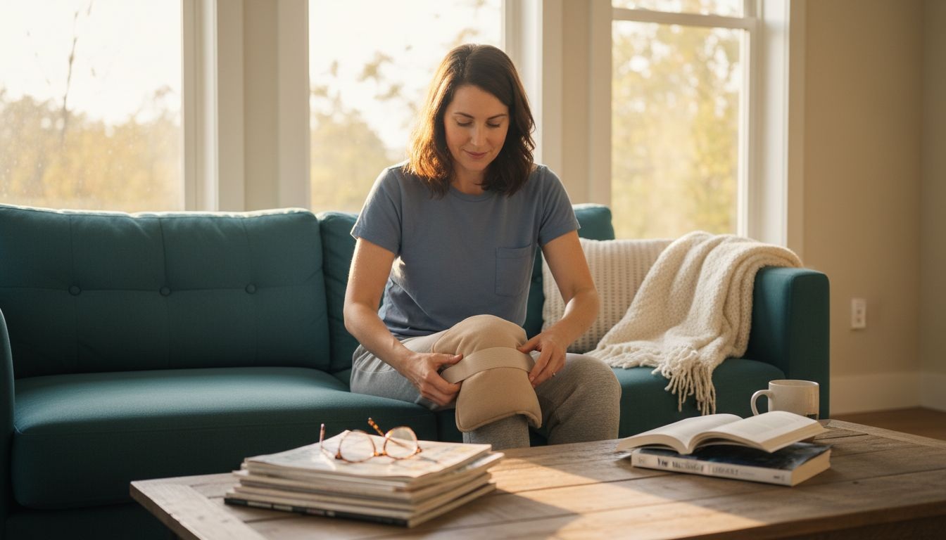 Woman applying heating pad in living room