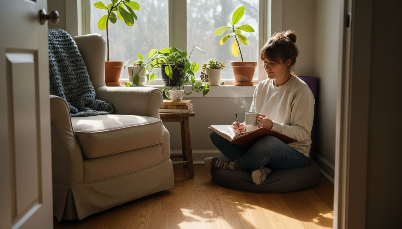 Woman journaling in cozy sunlit relaxation nook