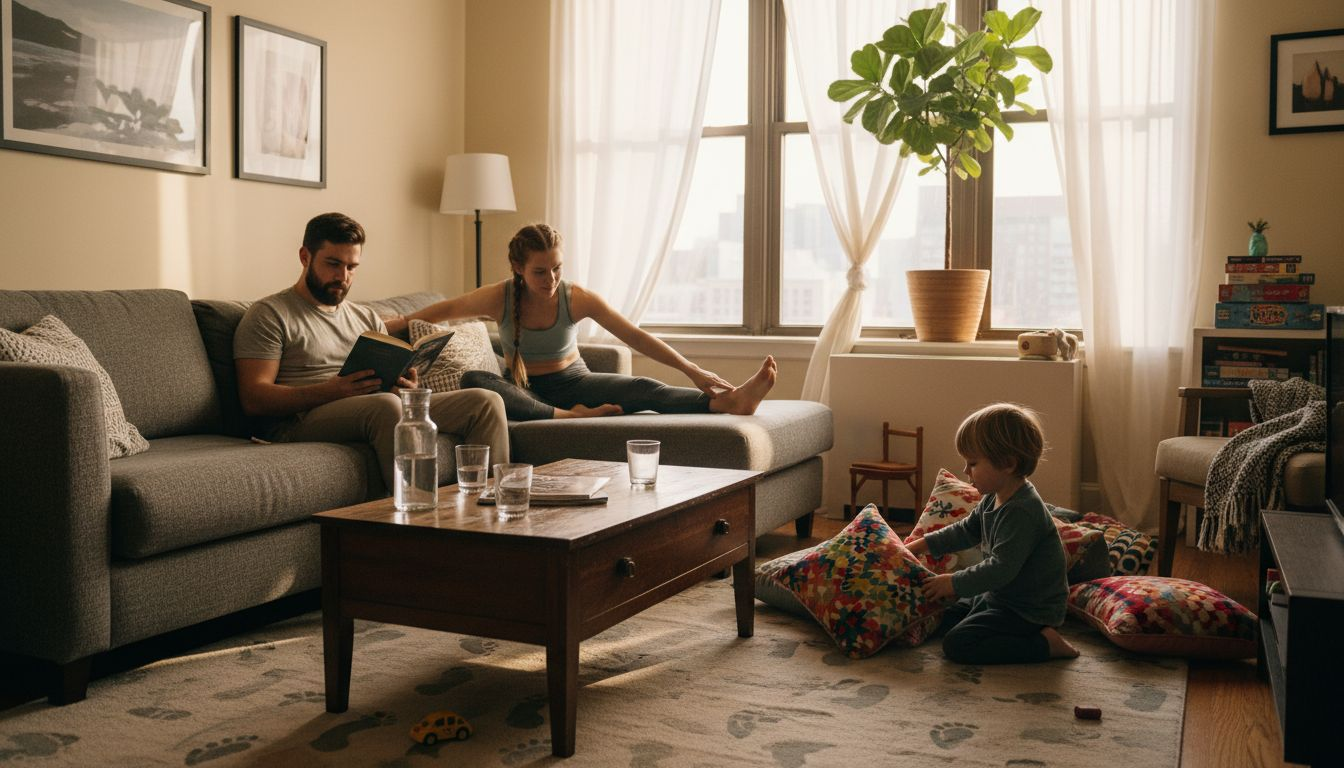 Family enjoying wellness routines in living room
