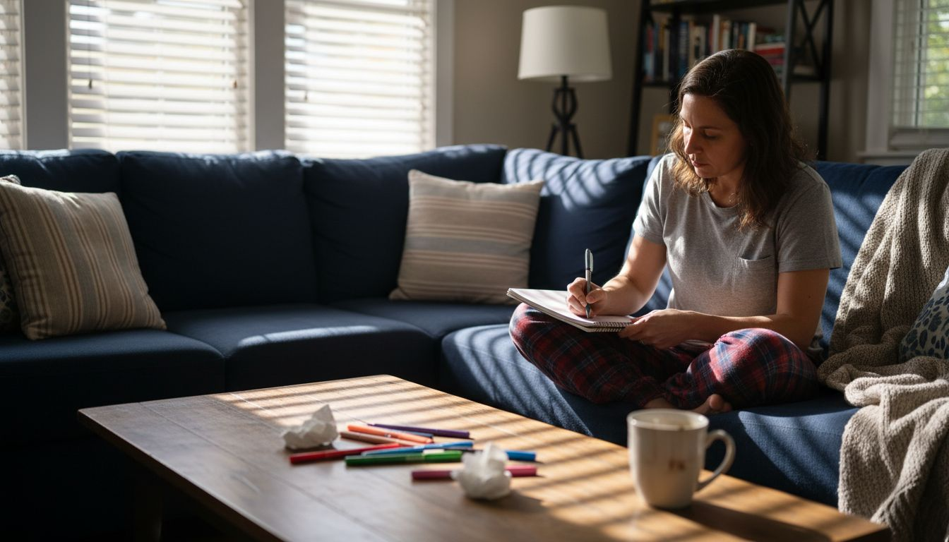Woman journaling for stress assessment at home