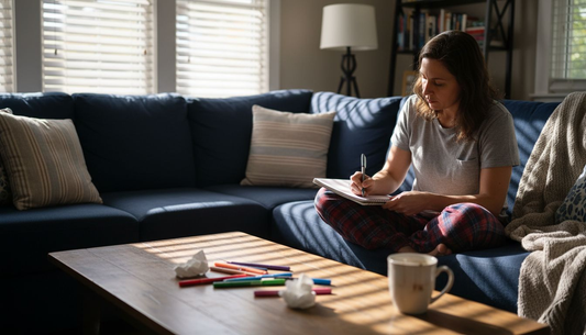 Woman journaling for stress assessment at home