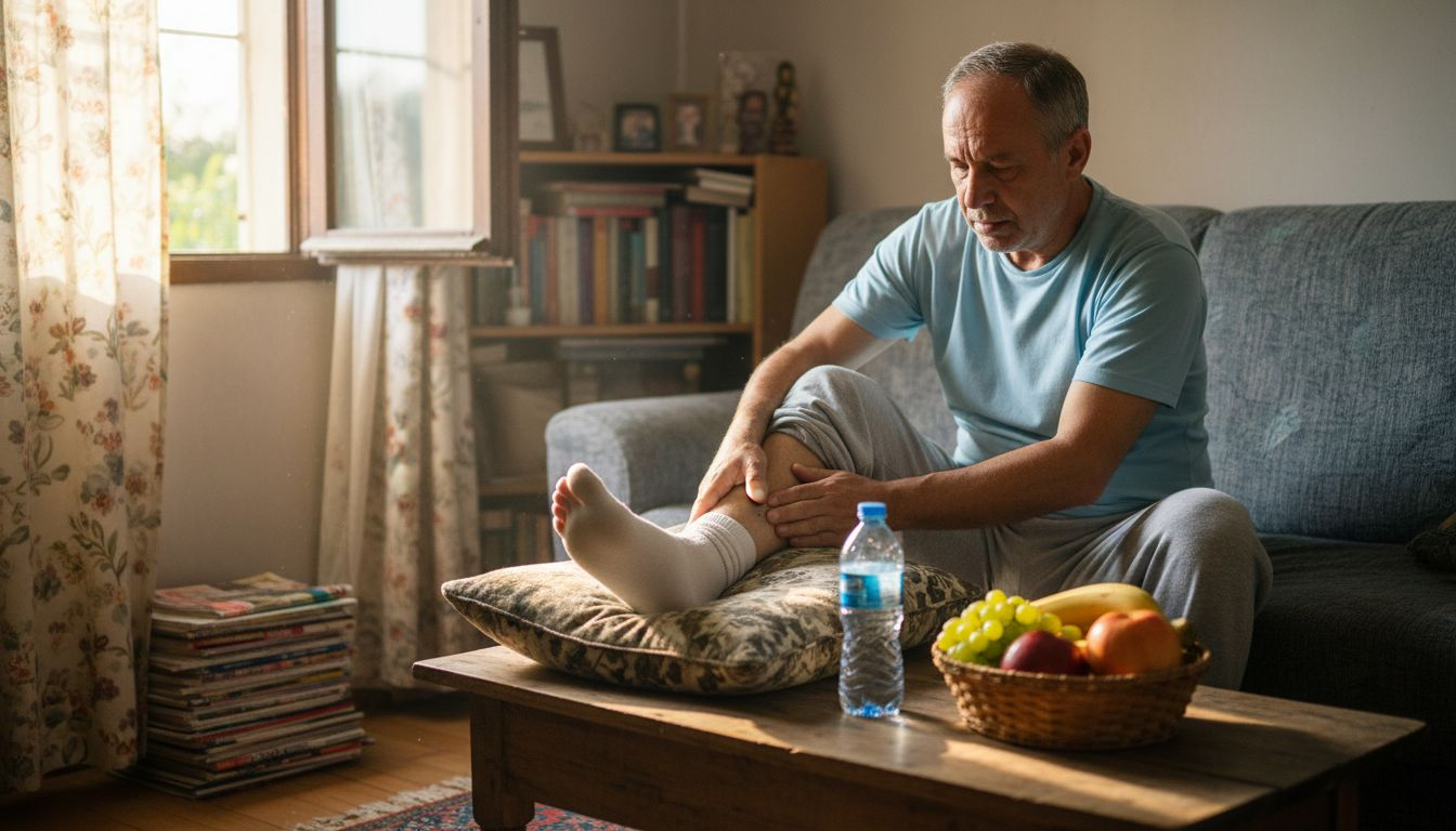 Man at home massaging calf for circulation