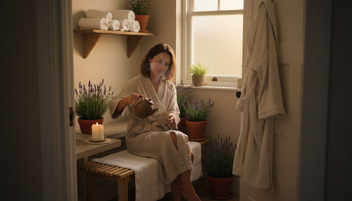 Woman relaxing in cozy home spa bathroom