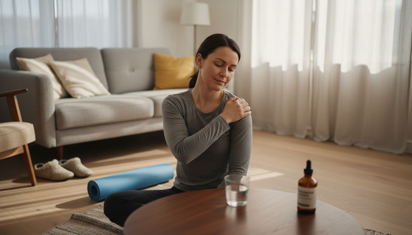 Woman performing shoulder self-massage at home