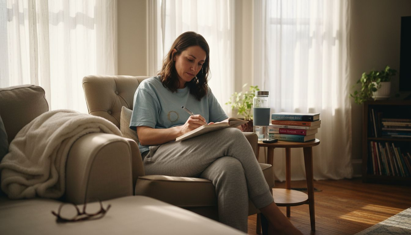 Woman logging pain journal at home in sunlight