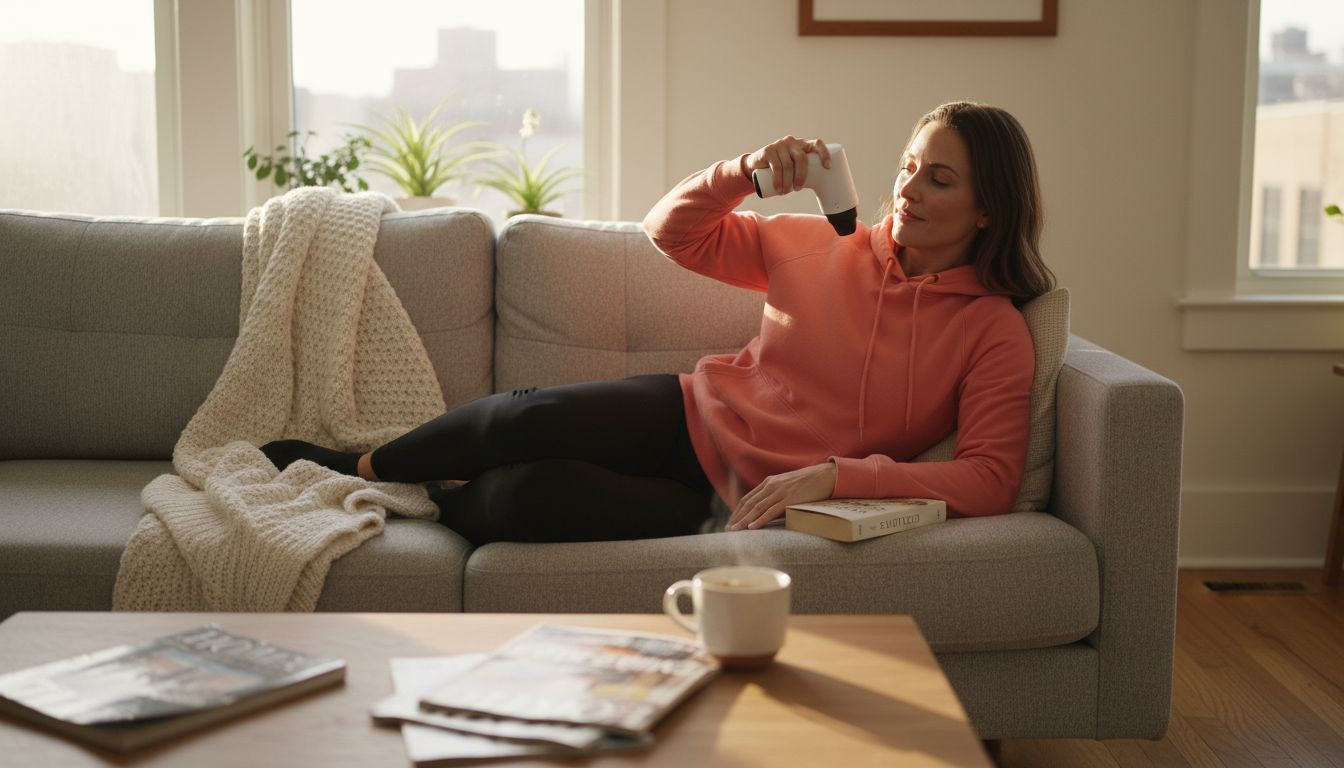 Woman using massage device on couch