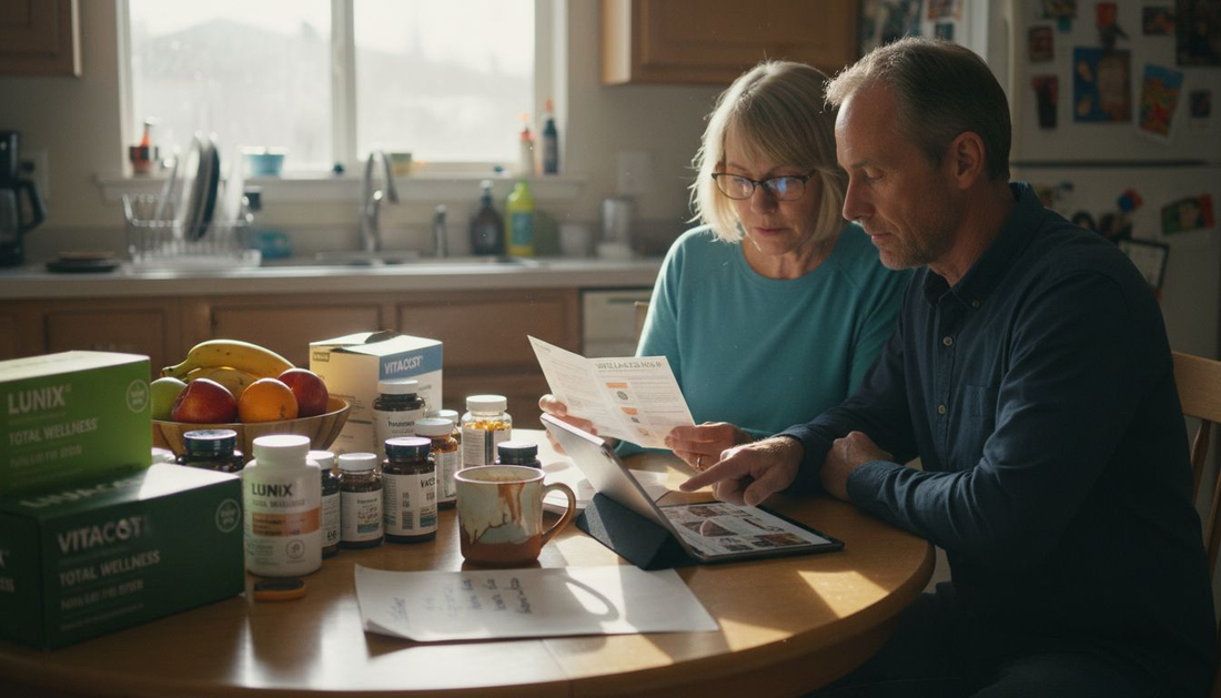 Two adults comparing health and wellness products at kitchen table