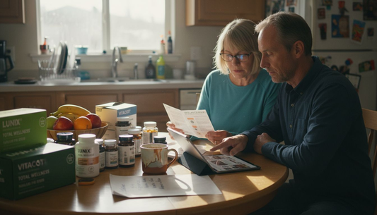 Two adults comparing health and wellness products at kitchen table