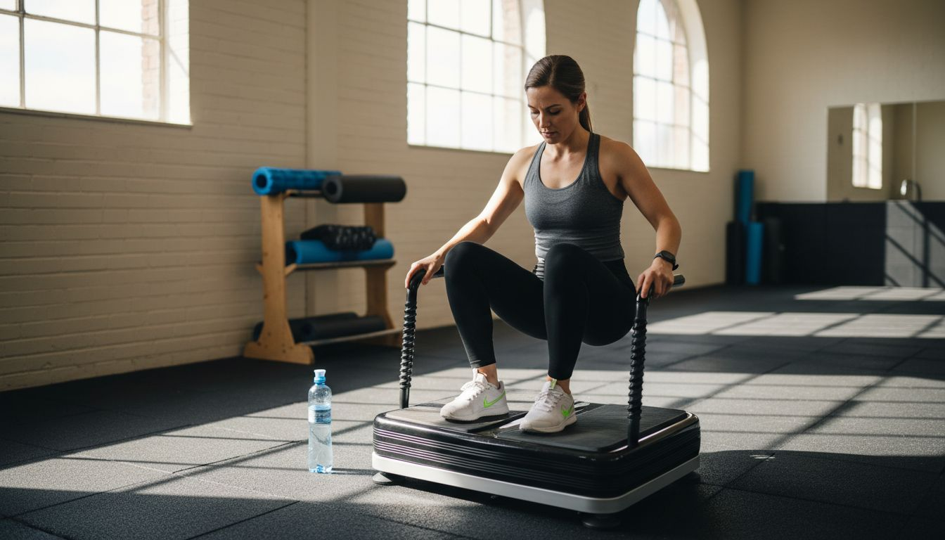 Athlete using vibration platform for muscle recovery