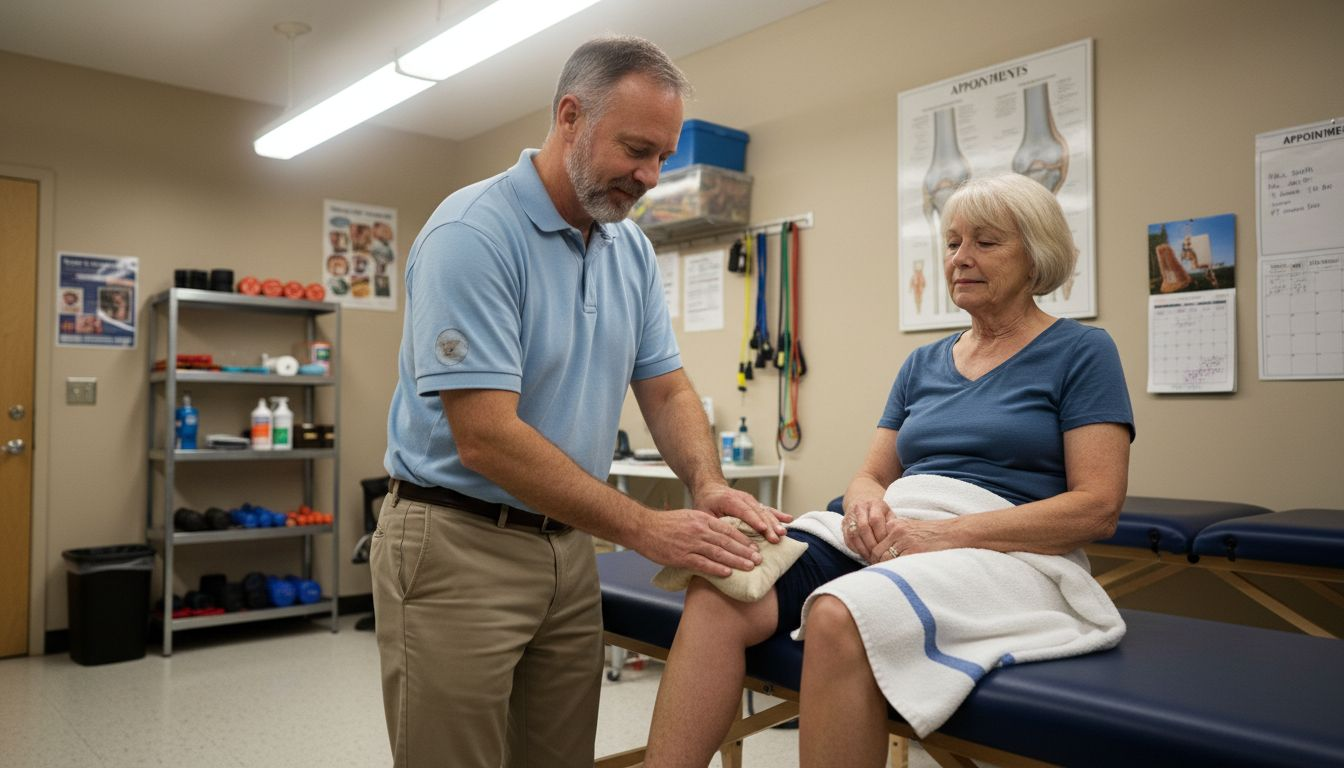 Therapist applies hot compress in rehab clinic