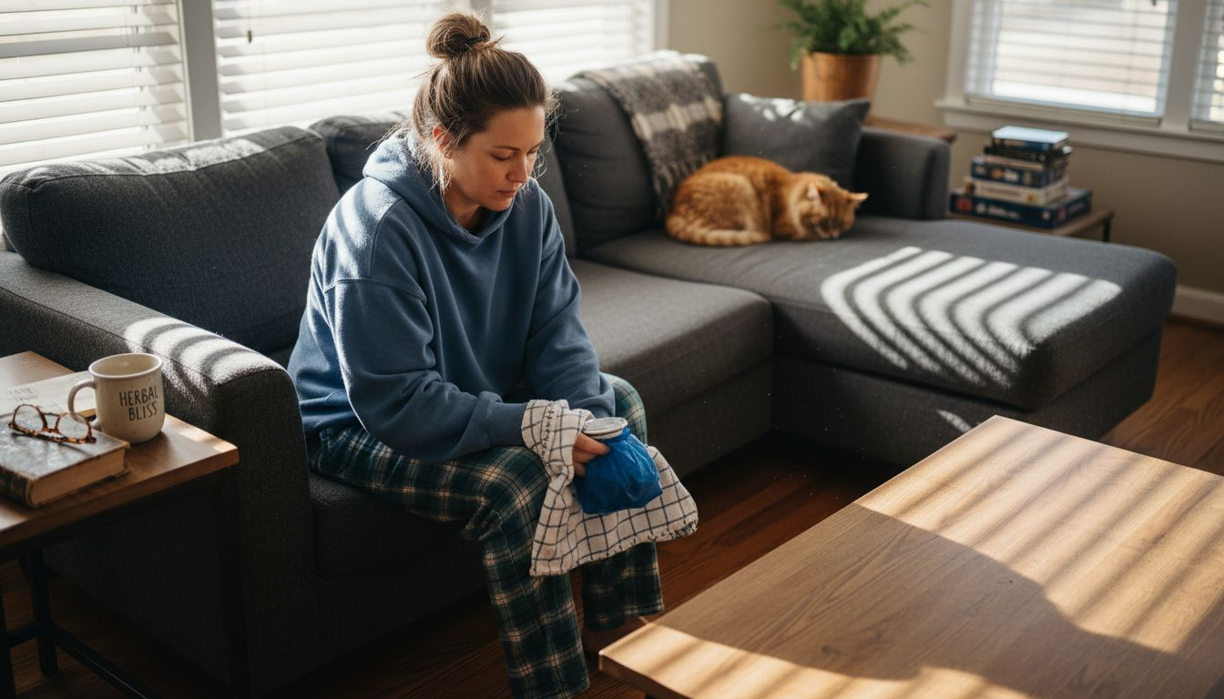 Adult using natural pain relief at home on sofa