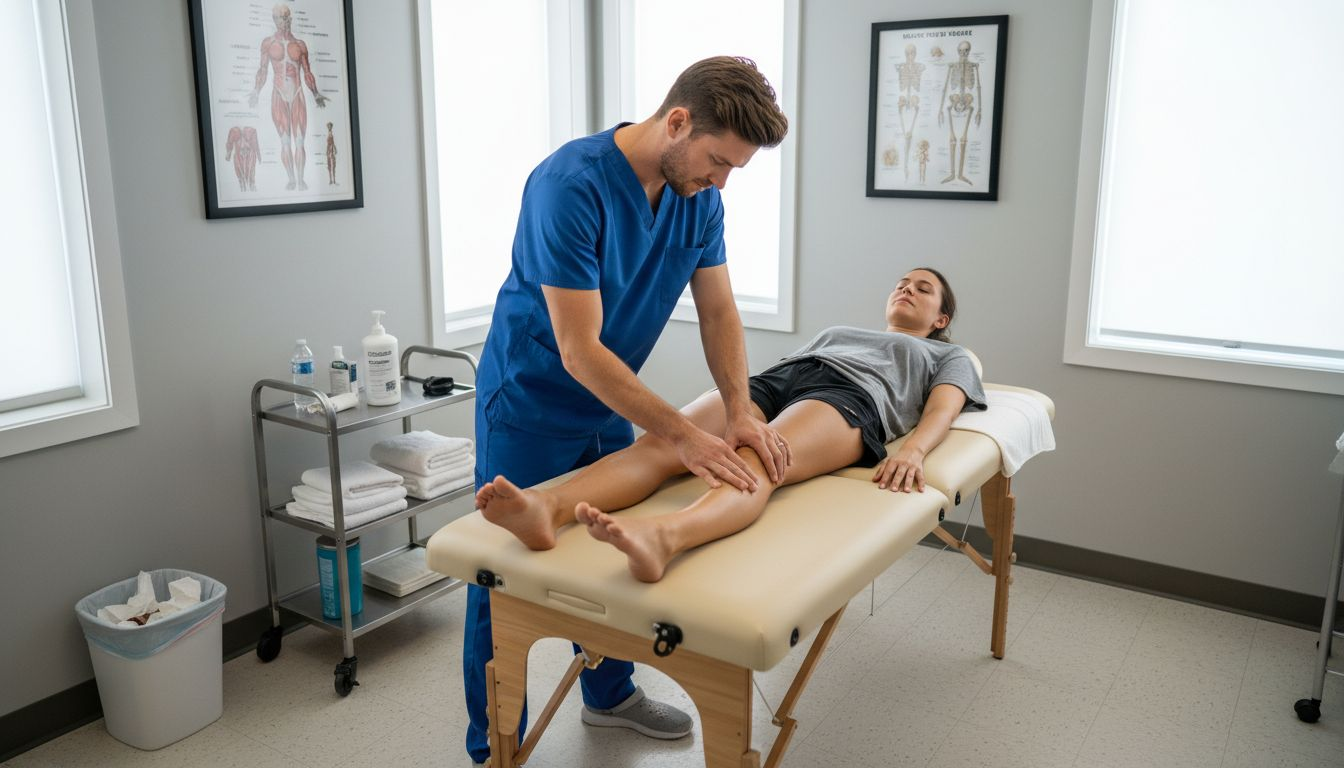 Therapist massaging athlete's leg in recovery clinic