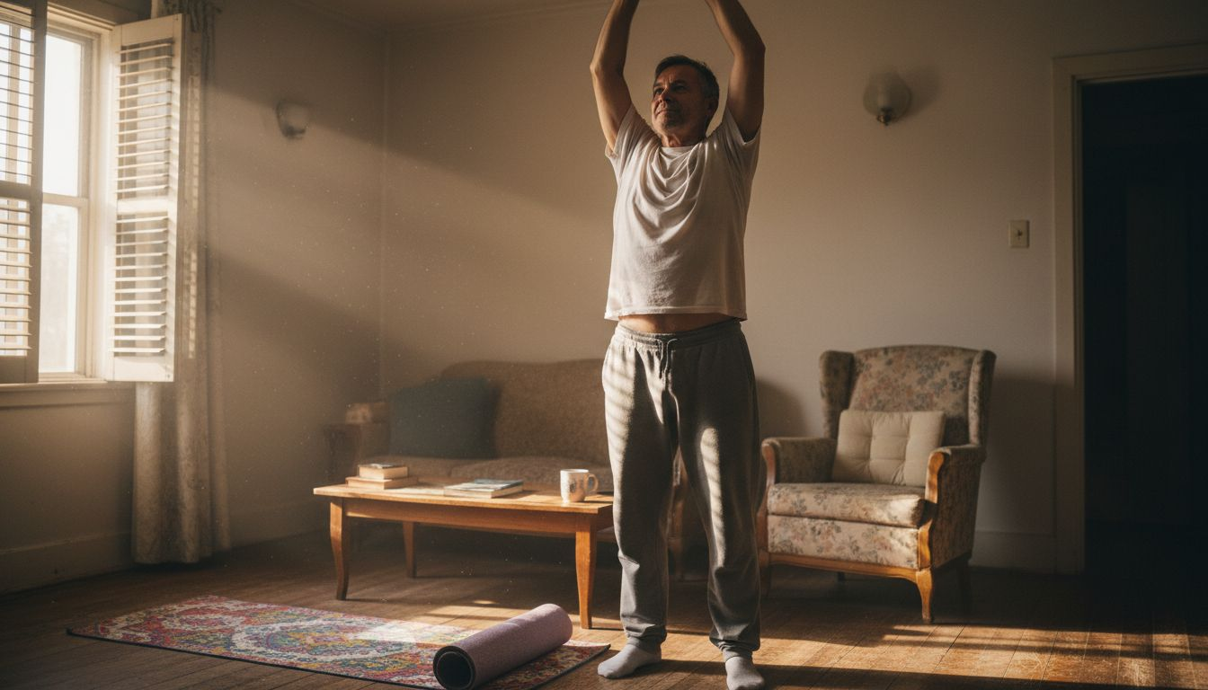 Older man stretching in sunlit living room