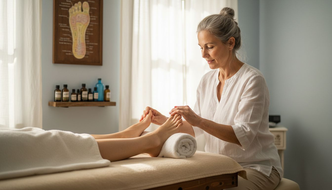 Reflexologist pressing on client’s foot during session