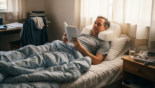 Man reading in bed using supportive pillow