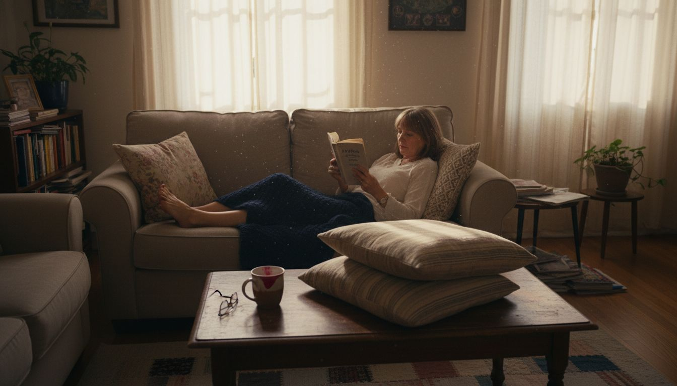 Woman elevating feet on pillows in living room