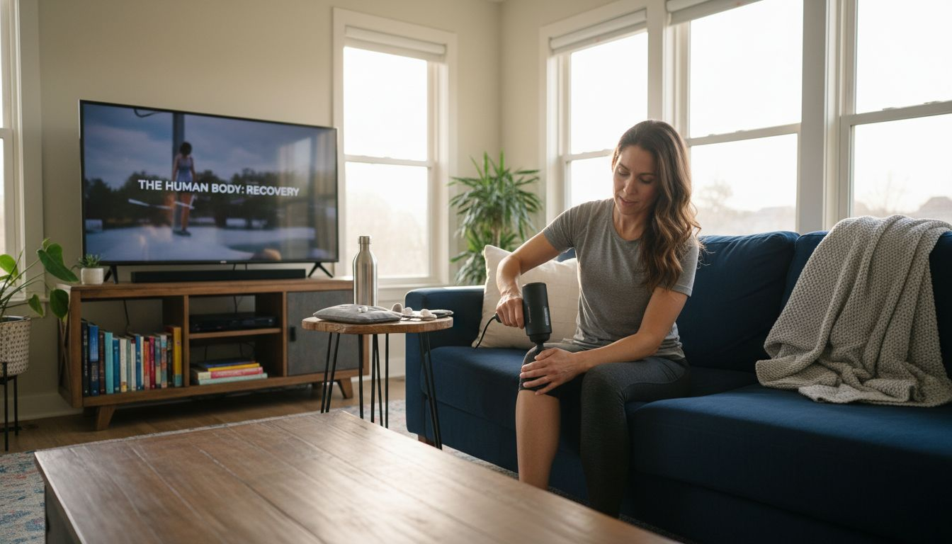 Woman using wellness devices in her living room