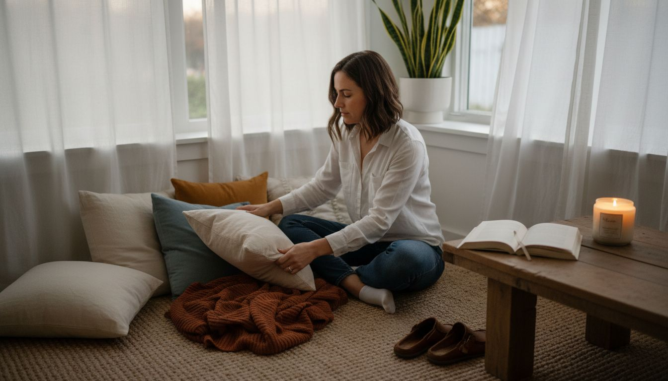 Woman prepares peaceful sunlit relaxation area