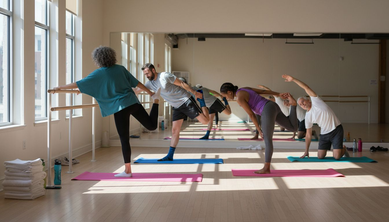 Adults stretching in community therapy studio