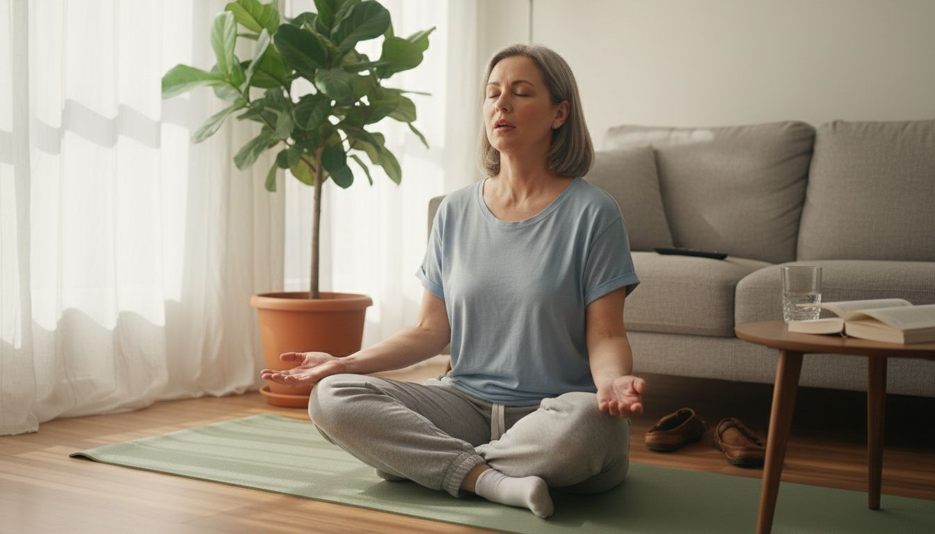 Woman practicing relaxation routine at home
