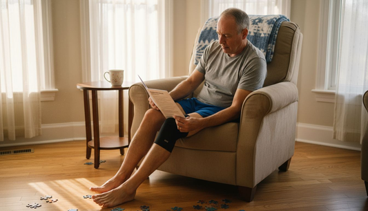 Man applying compression sleeve in sunlit living room
