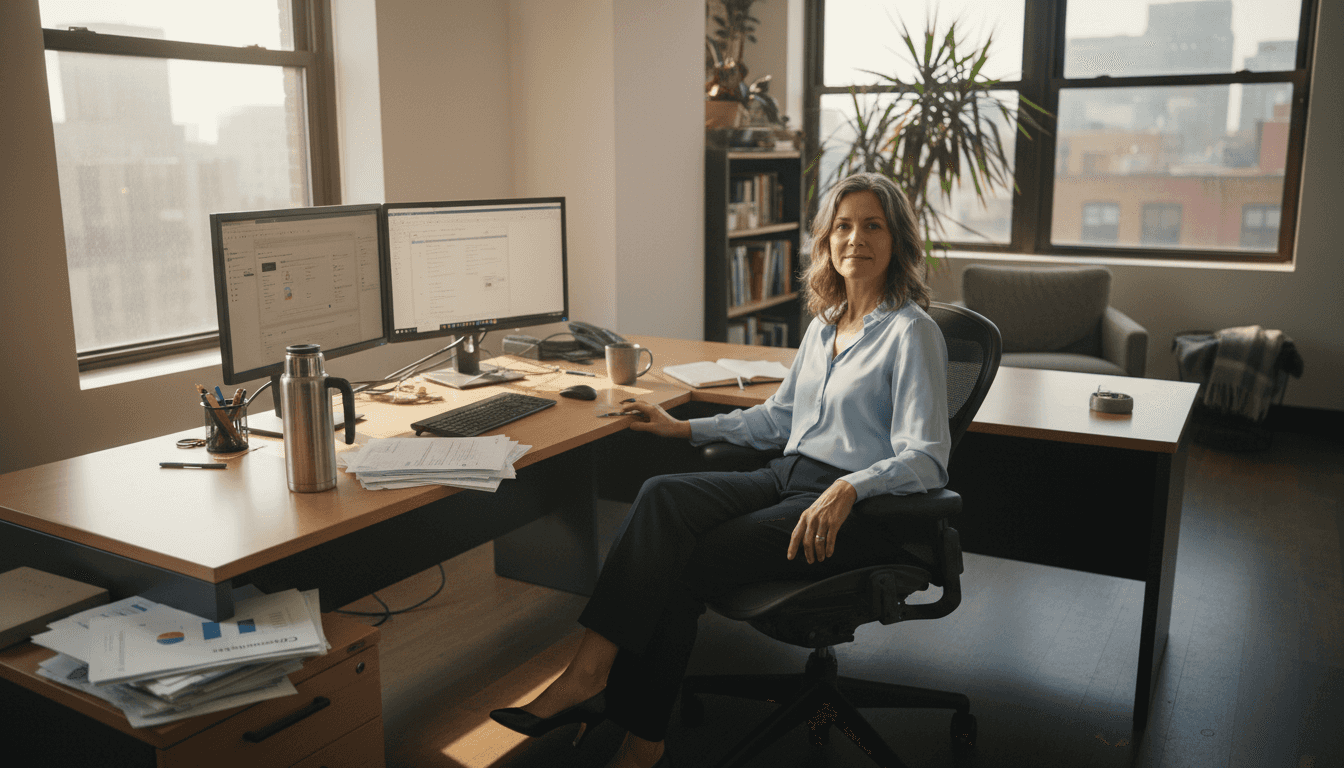 Woman adjusting ergonomic chair lumbar support in corner office