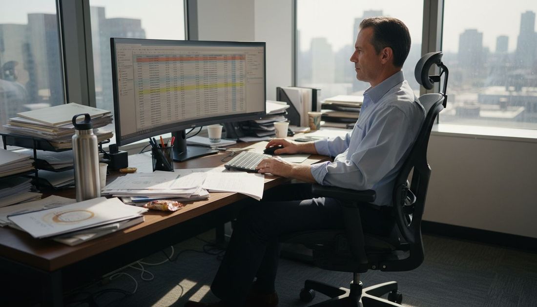 Man using ergonomic chair in corner office