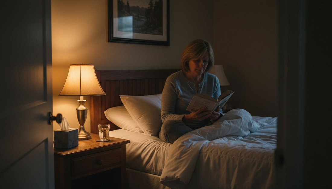 Woman reading in bed with warm lighting