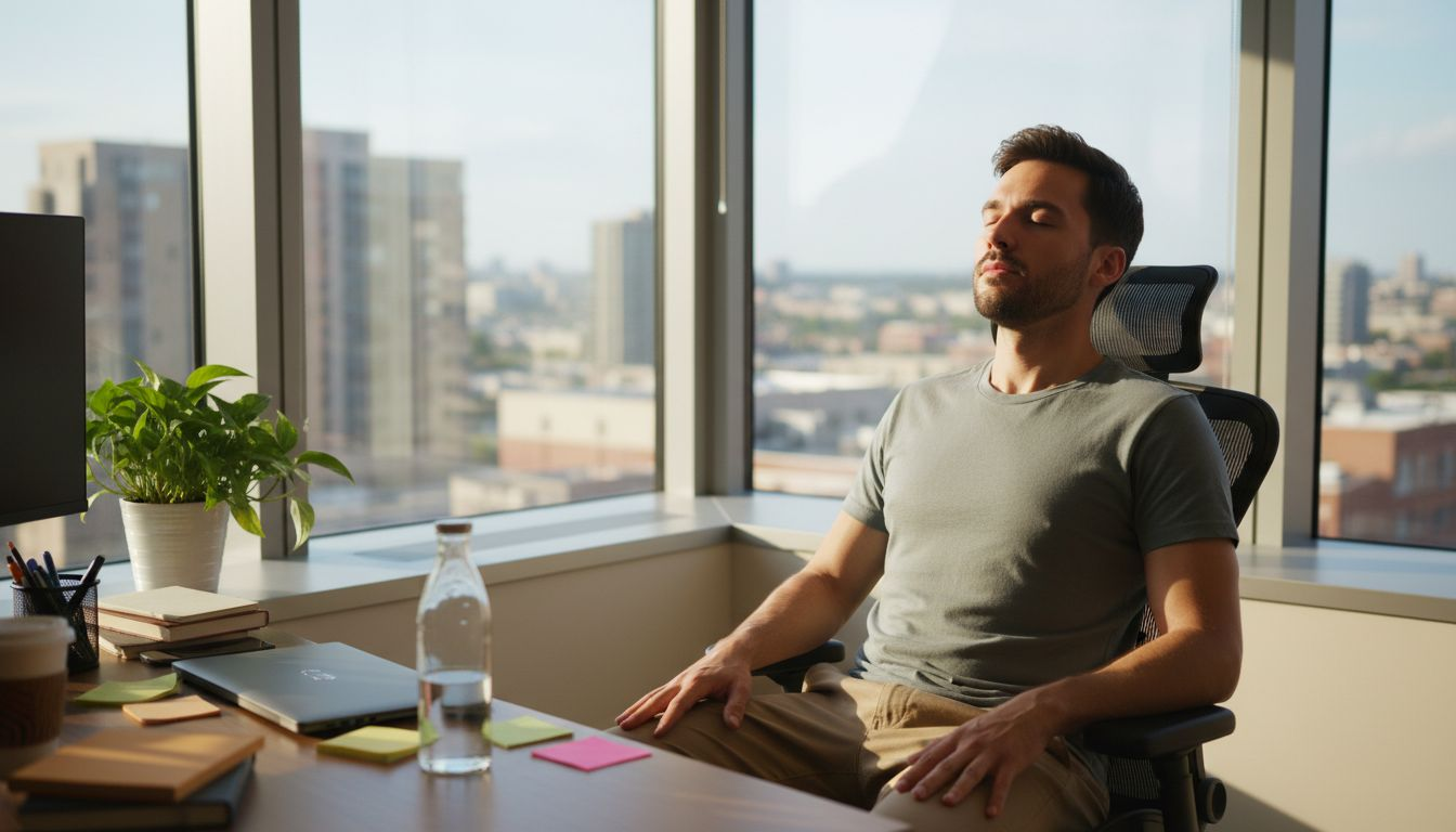 Office worker practicing relaxation at desk