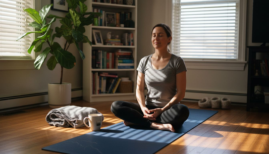 Woman relaxing in sunlit home corner
