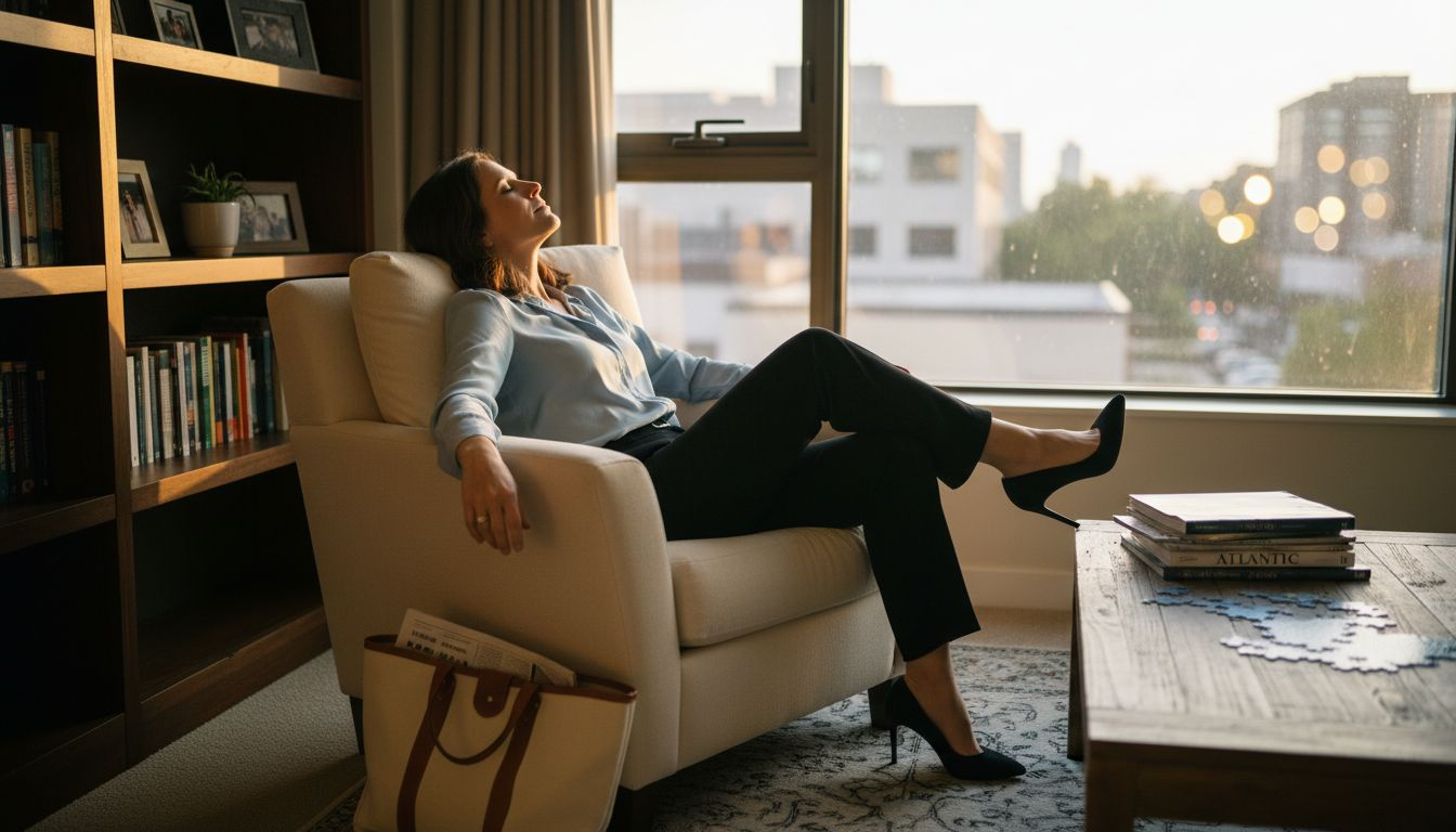 Woman unwinding in living room after work