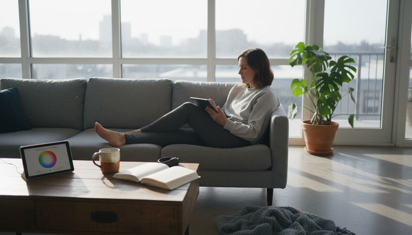 Woman adjusting smart lighting for relaxation