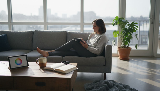 Woman adjusting smart lighting for relaxation