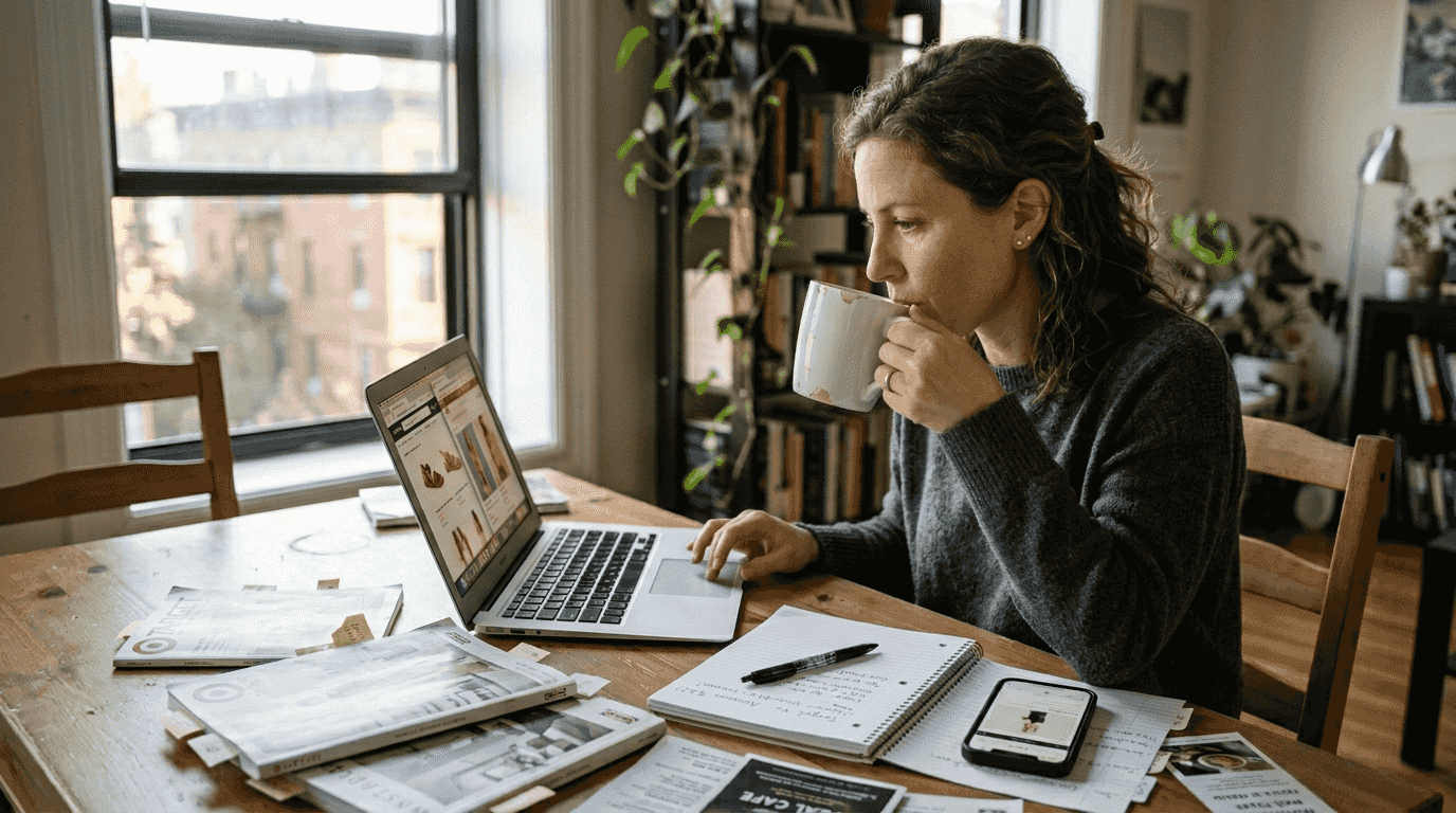 Woman comparing shopping sites at home