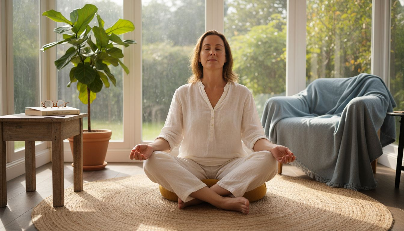 Woman meditating in cozy sunroom wellness space