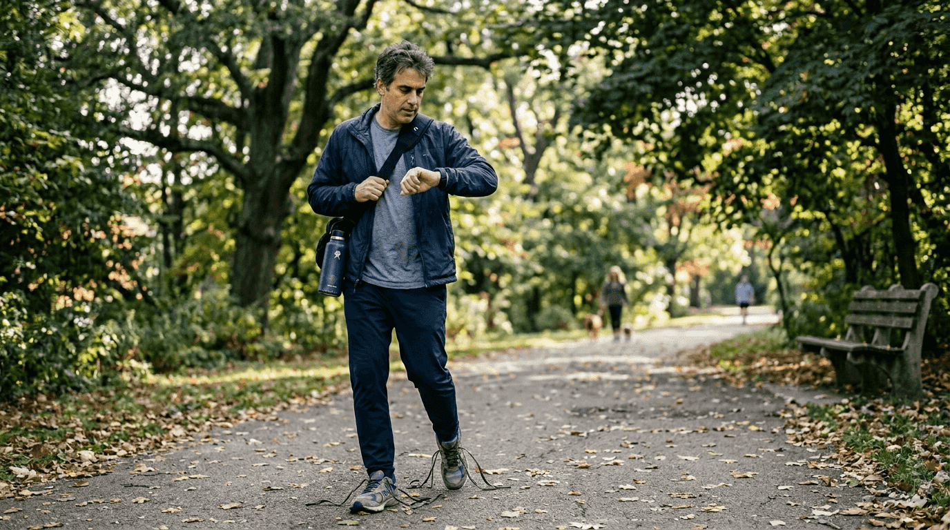 Man walking in park checking smartwatch
