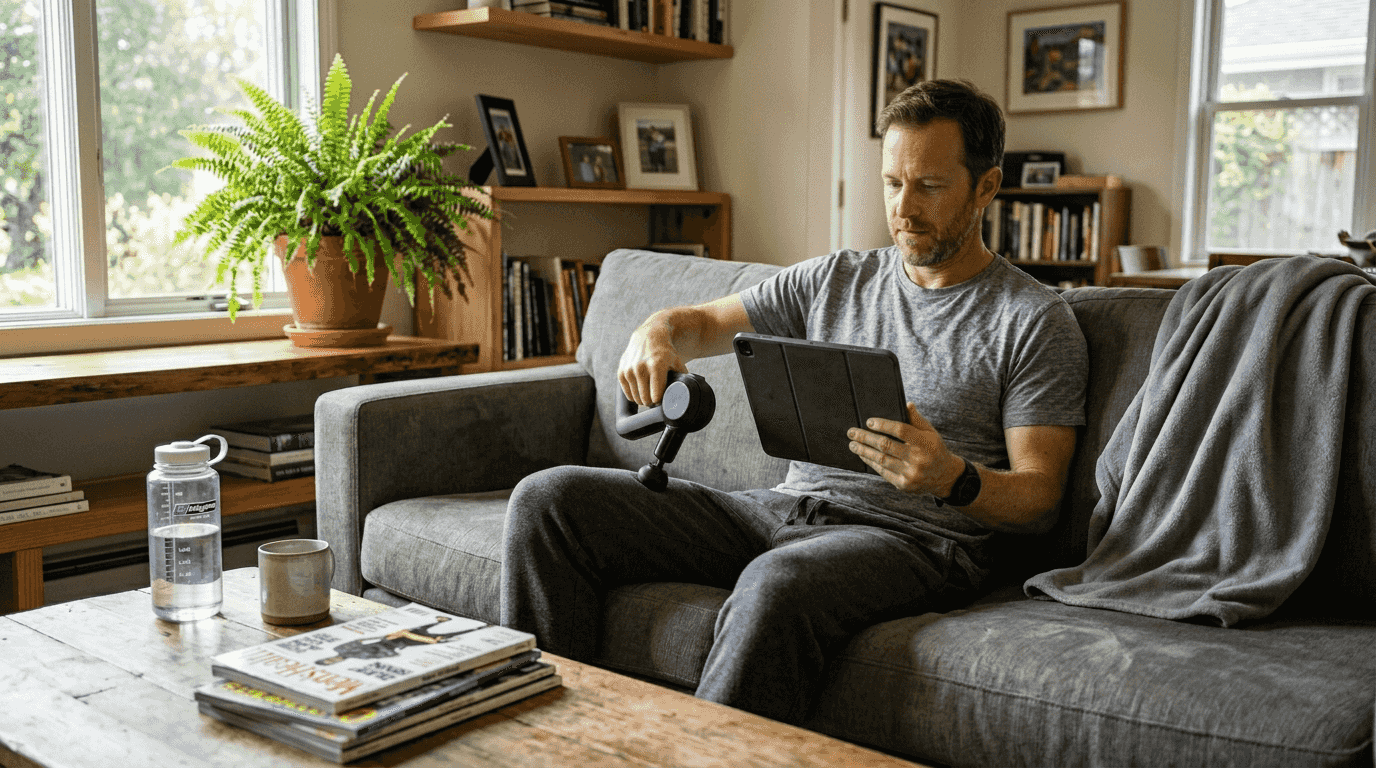 Man using wellness tech devices at home