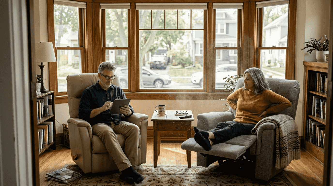 Couple comparing comfortable recliners at home