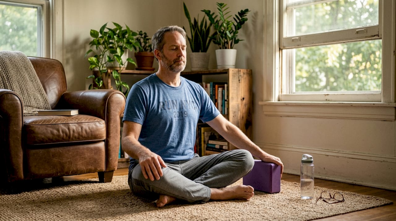 Man relaxing in sunlit home corner