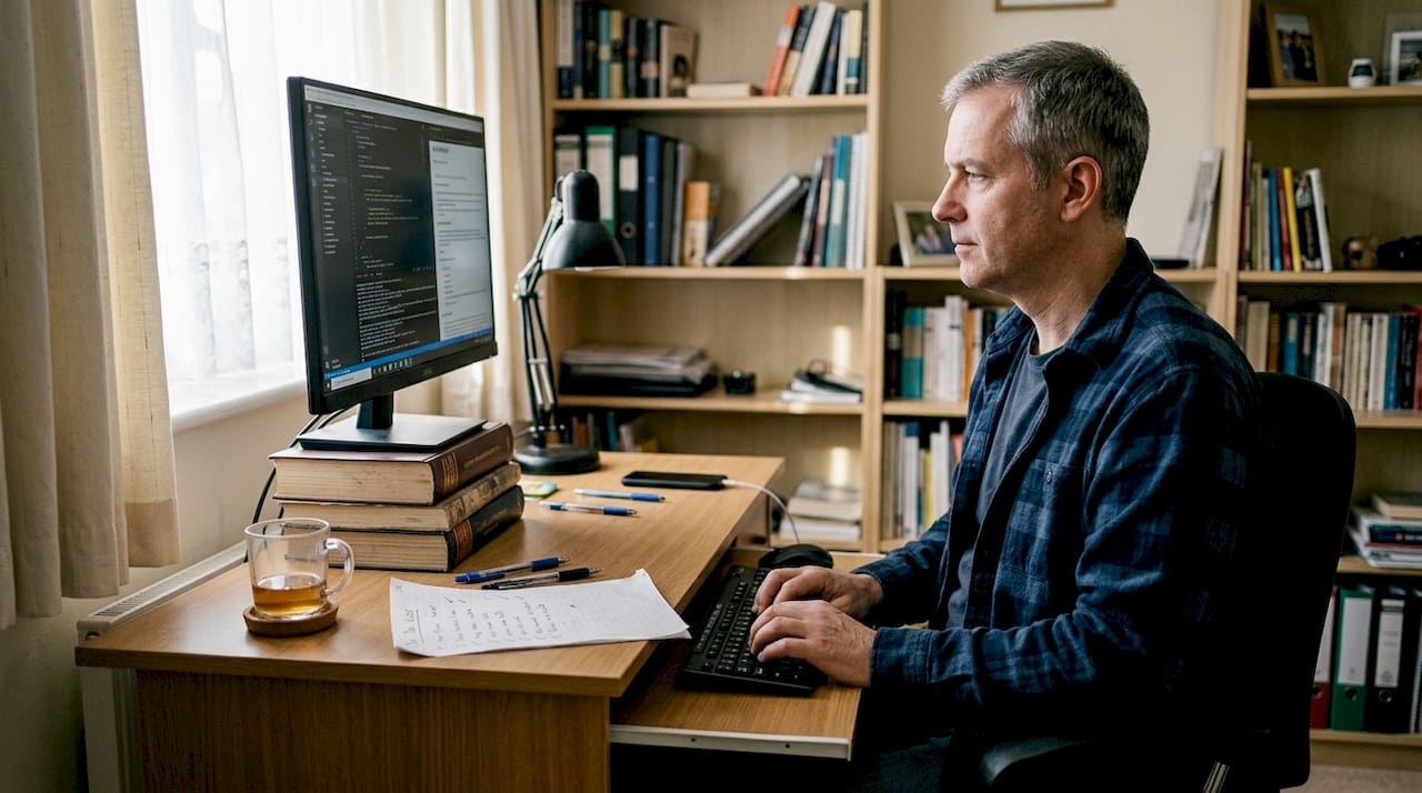 Middle-aged man working ergonomically in home office