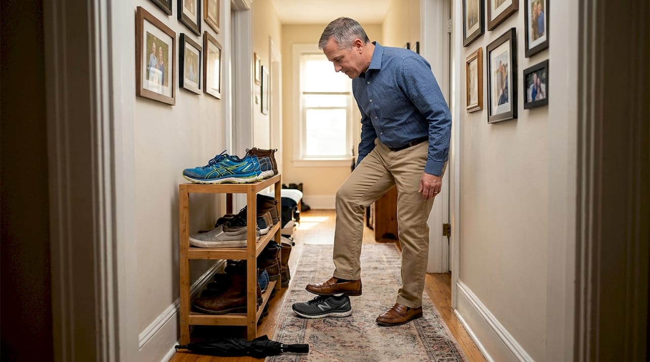 Man testing cushioned shoe in home hallway