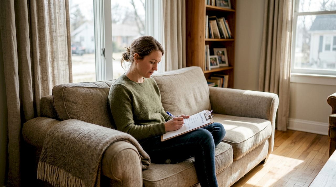 Woman auditing living room comfort checklist